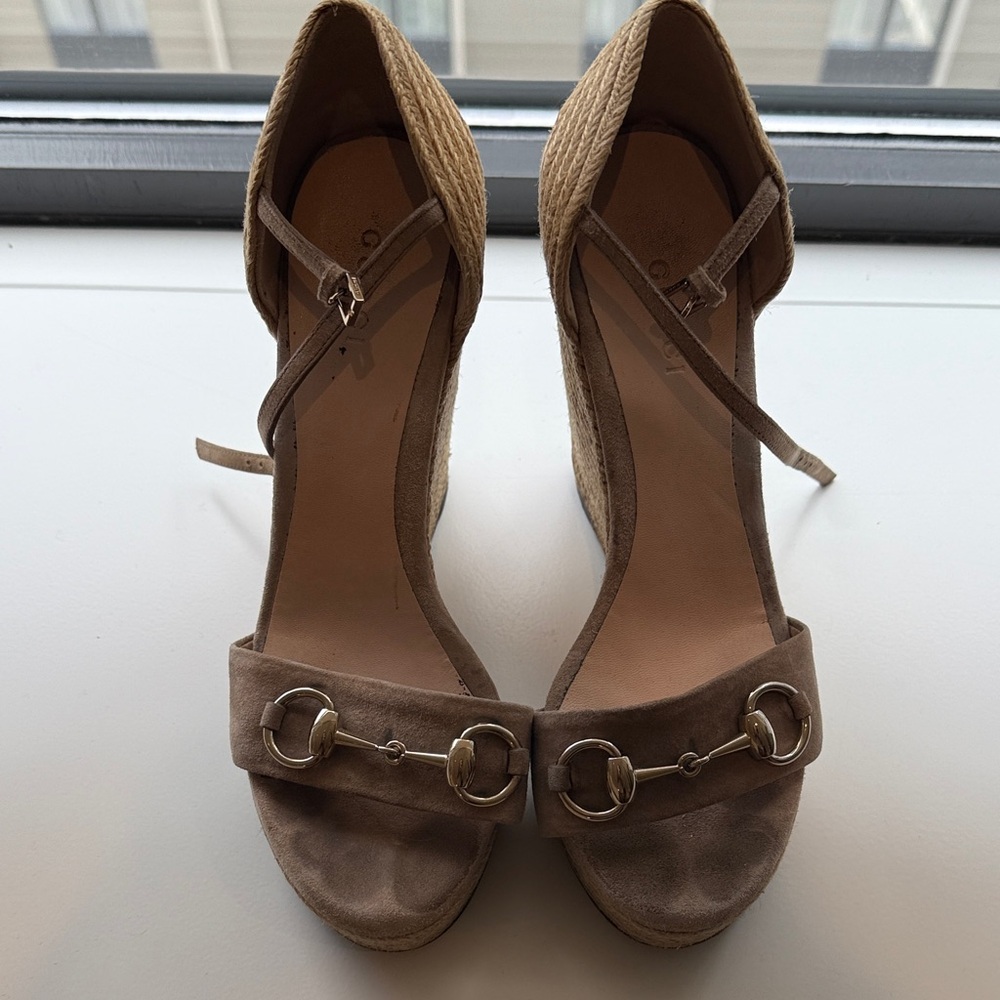 Gucci Brown Wedge Sandals with Horsebit Detail